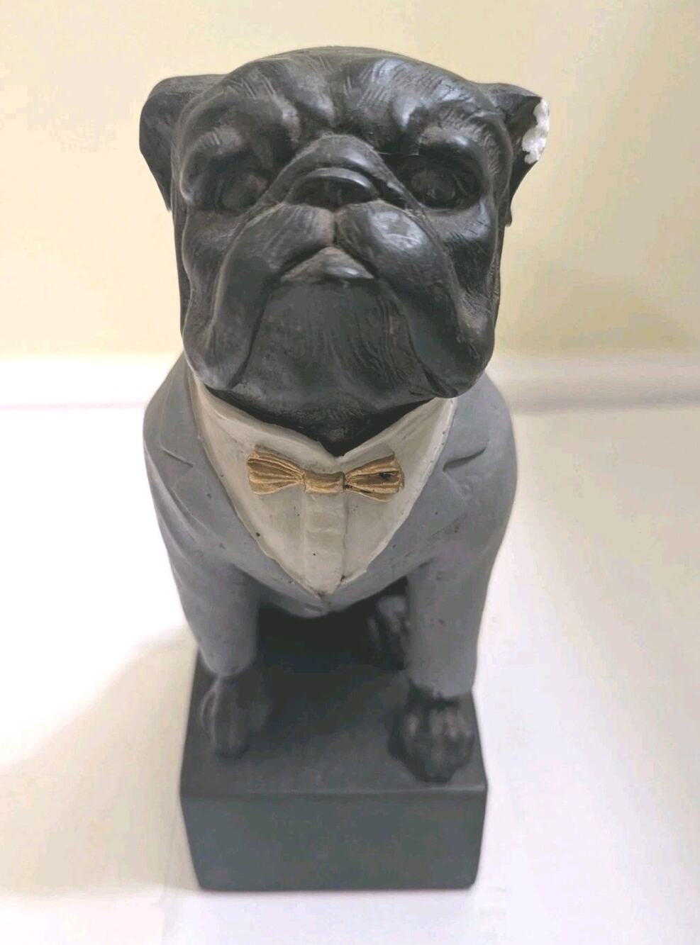 Bulldog Dog Figurine Statue Gray Suit Bow Tie Sitting Platform Bookend DEFECT